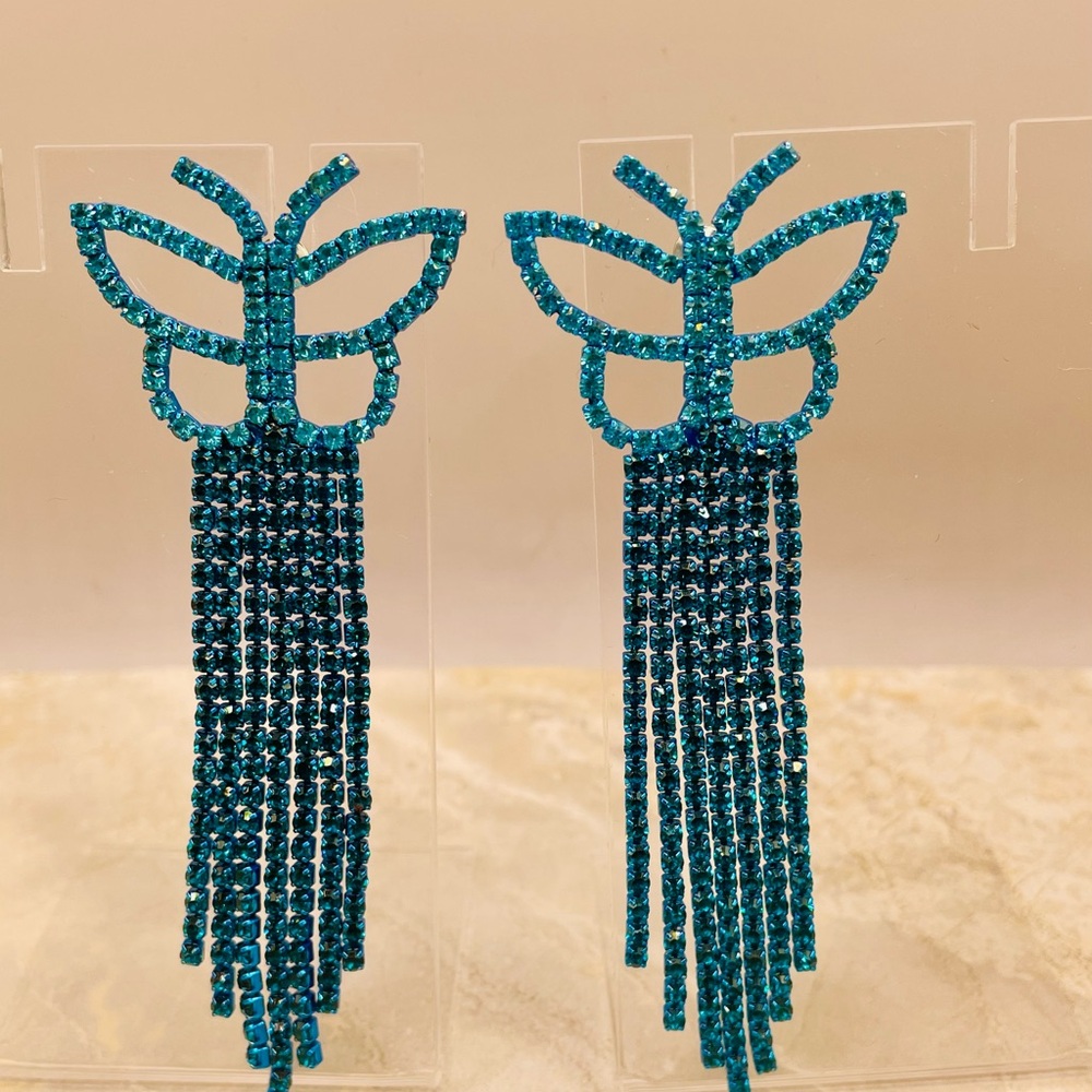 Blue Turquoise Statement Butterfly Rhinestone Dan… - image 1